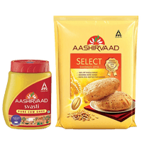 Aashirvaad Combo Pack - Svasti Pure Cow Ghee 1L (Jar) and Select Sharbatti Atta, 5kg