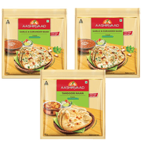 Aashirvaad Naan Combo Pack of 3 – 2 packs Garlic & Coriander Naan Paratha and 1 pack Tandoori Naan, 3 packs x 5 naans