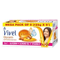 Vivel Glycerin Bathing Bar Soap for Soft Moisturized Skin with Pure Almond Oil & Vitamin E, Special Pack 125gx9 (Pack of 9)
