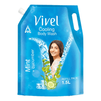 Vivel Body Wash, Mint & Cucumber, Moisturising Shower Gel, For Glowing skin Refill Pouch, 1500ml
